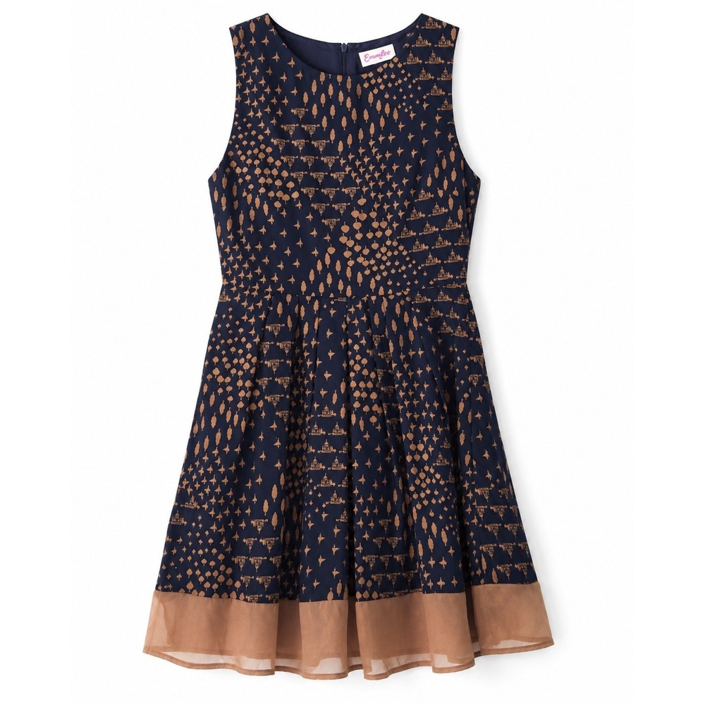 Emmlee Paris Print Fit & Flare Dress Navy Tan Sleeveless Size Medium M